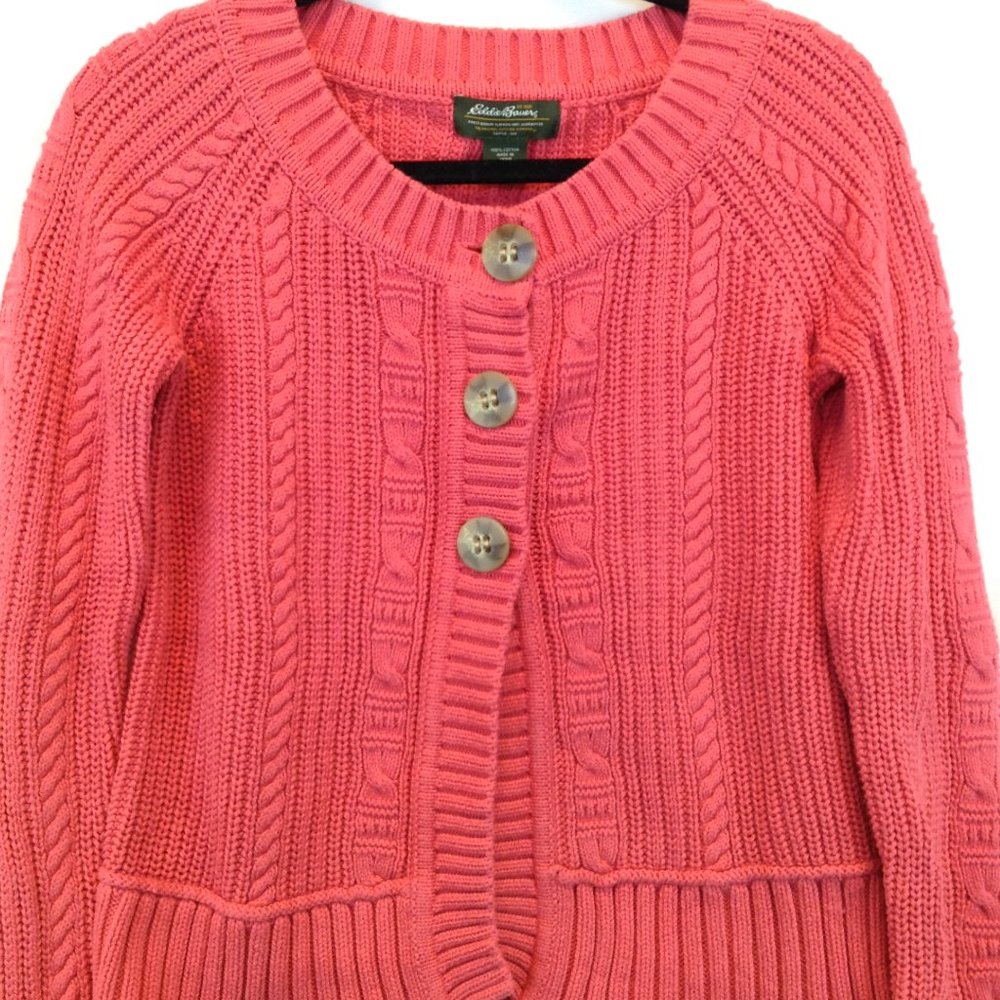 Eddie Bauer Coral Pink 3 Button Cropped Cardigan Sweater